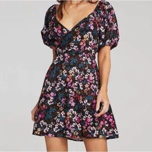 Saltwater LUXE Bria Floral Puff Sleeve Dress - Black and Pink NEW